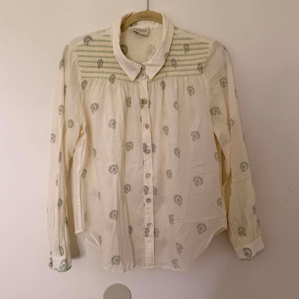 Wrap London Shirring Detail Cotton Shirt Ecru Sage Embroidered Blouse Sz 10 - Picture 2 of 10